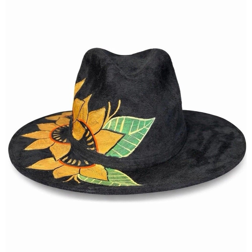 Black Suede Fedora Hat Hand Painted Sunflower Wide Brim Western Boho